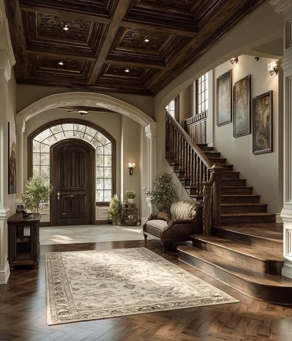https://s.mj.run/YsI_tK_nhqw Grand entryway with ornate details, warm neutral tones, wooden staircase, large arched doorway, ornate wooden ceiling, light beige walls, dark brown hardwood floor, beige area rug with intricate floral pattern, decorative elements, high-quality photorealistic, classic, elegant, detailed, photorealistic interior design, wide-angle shot, high-resolution, --ar 4:5 --quality 2 --stylize 750 --v 7 Job ID: ddb0efc4-aa9b-43c4-b086-8cfe88a281d3